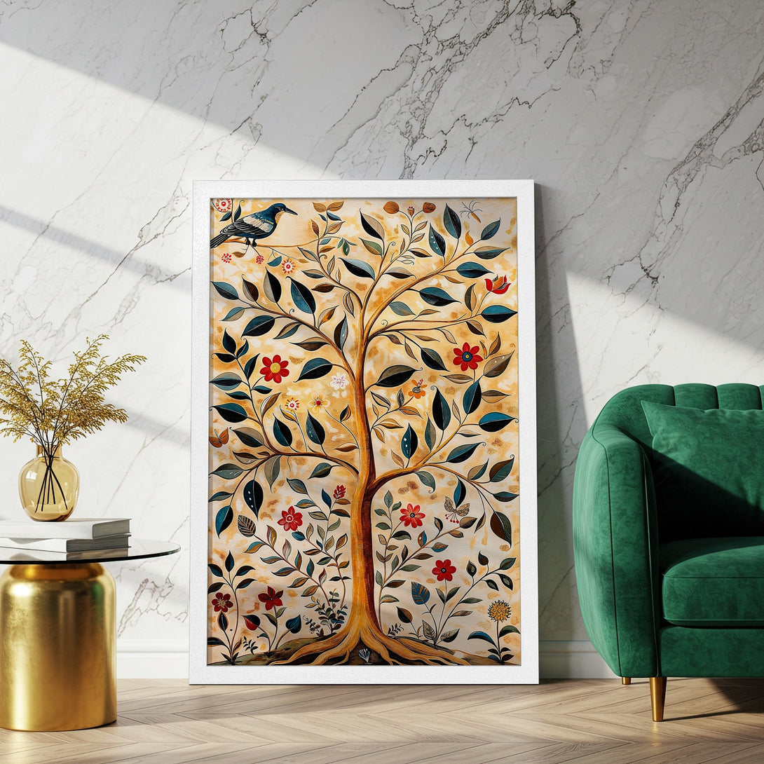 Framed Poster featuring a whimsical tree illustration with a warm color palette. Perfect wall art for a cozy home.