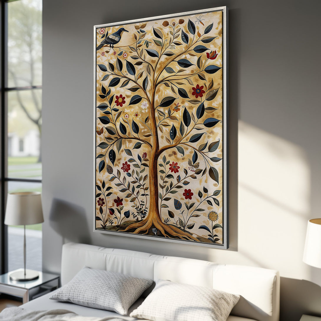 Framed Wall Art: Botanical tree print in warm tones. Perfect for bedroom decor. Adds a touch of nature and elegance to your space. Shop now!