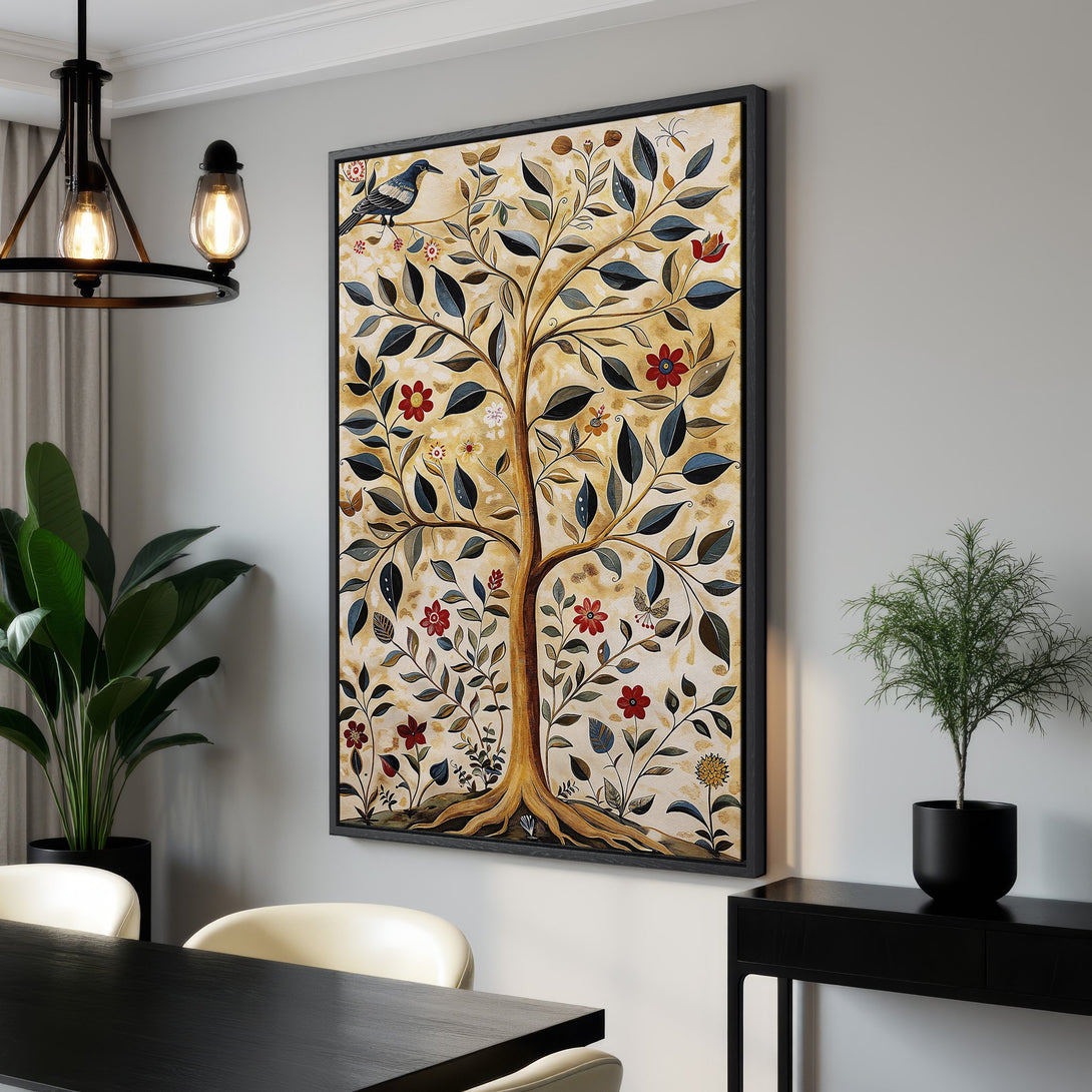 Framed Wall Art featuring a stylized tree with red flowers, in a warm beige, blue, and brown color palette. Perfect for adding a touch of nature to your home.