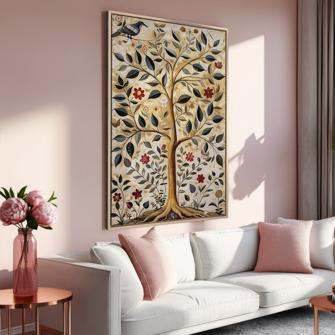 Framed Wall Art of a tree with birds and flowers in a vintage style. Warm, earthy tones with pops of red and blue. Perfect for living room decor.