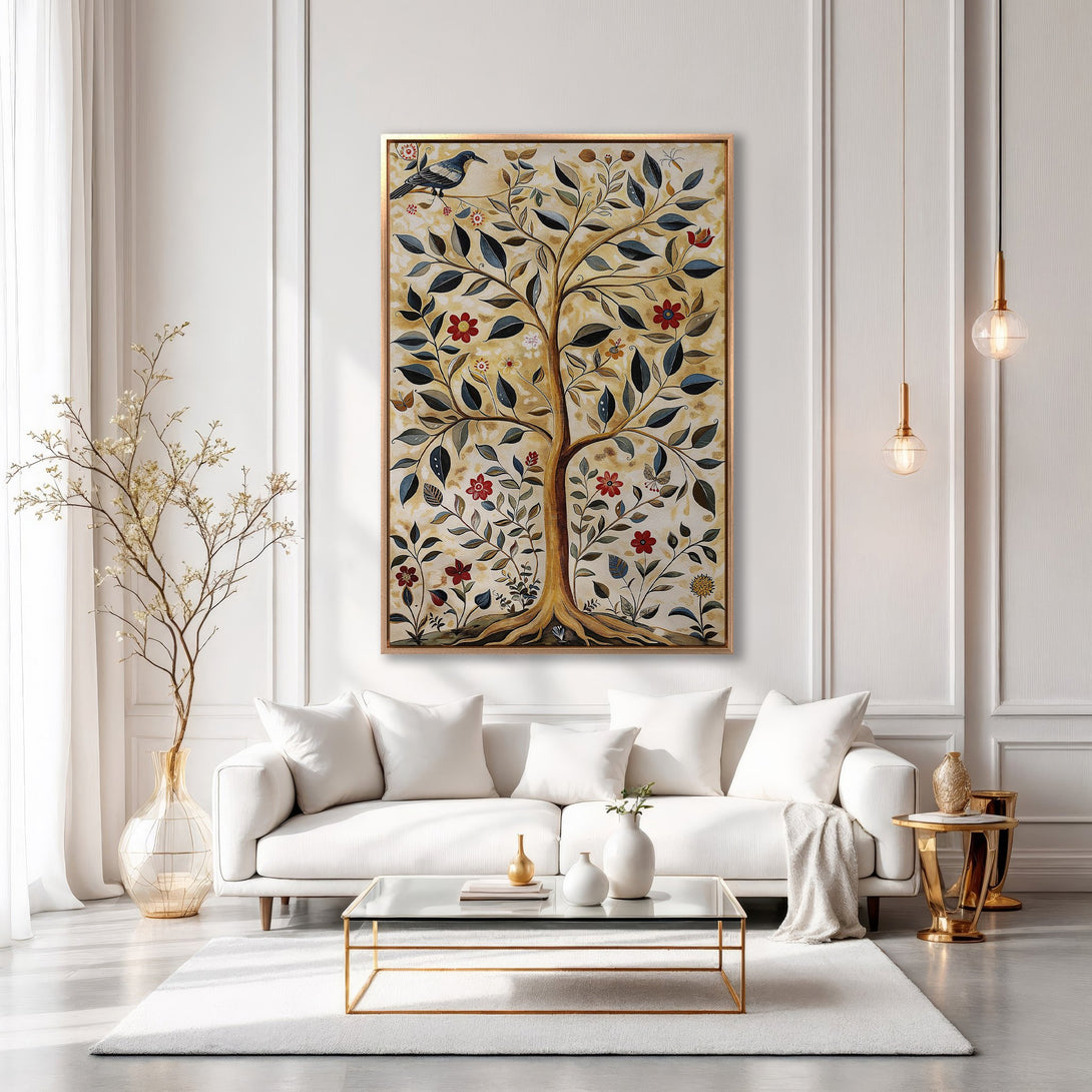 Framed Wall Art featuring a tree with a bird, in a warm, inviting interior. Earthy tones and pops of red create a cozy, elegant aesthetic.