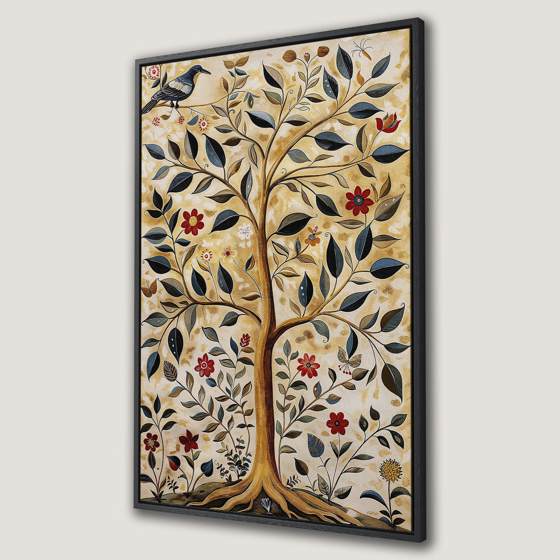 Framed Wall Art: Botanical tree design with bird, flowers, and leaves. Earthy tones of gold, red, and blue. Perfect for adding nature-inspired art to your home.