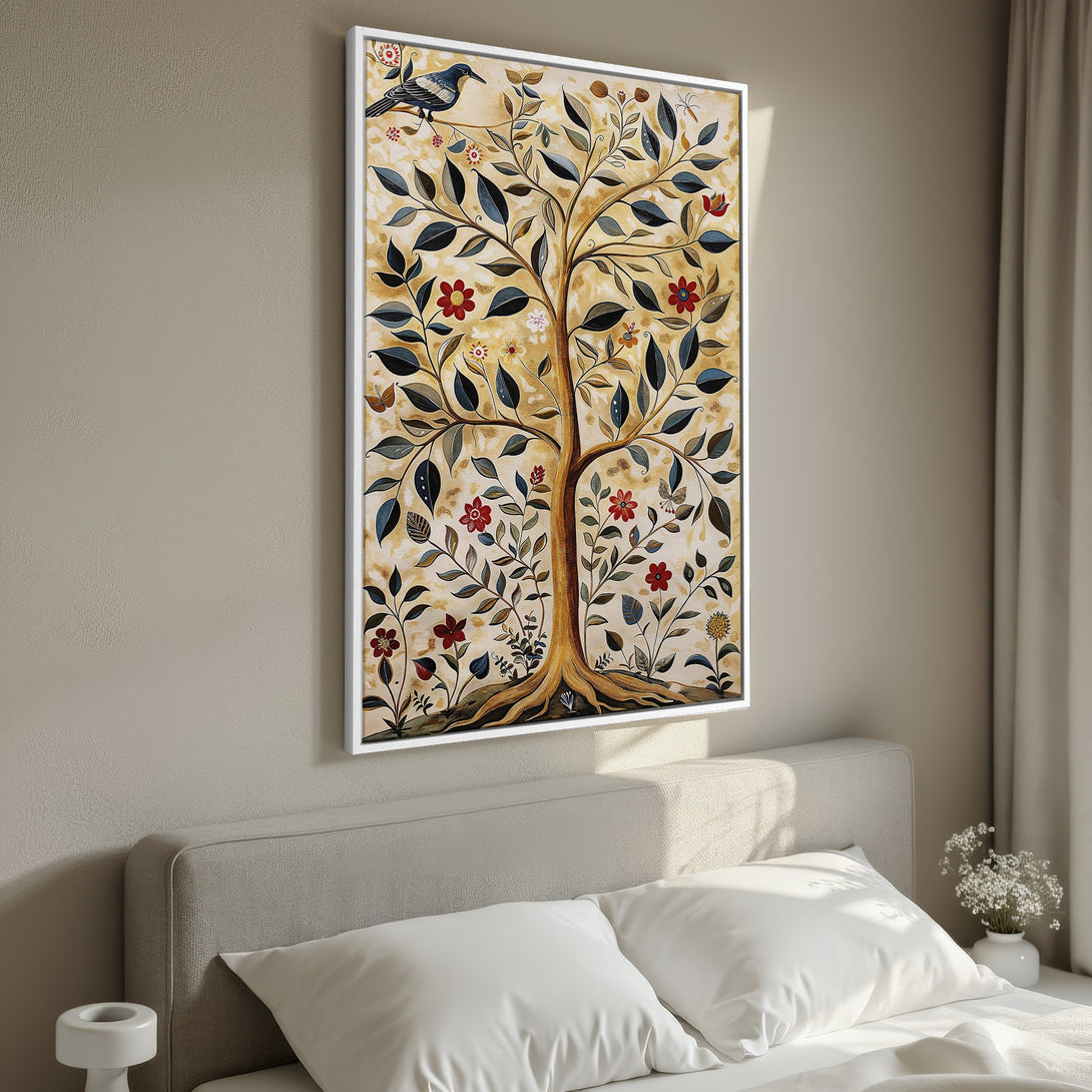 Framed Wall Art featuring a tree design with a vintage style. Warm color palette with gold, red, and blue tones. Perfect for adding a touch of nature to your space.