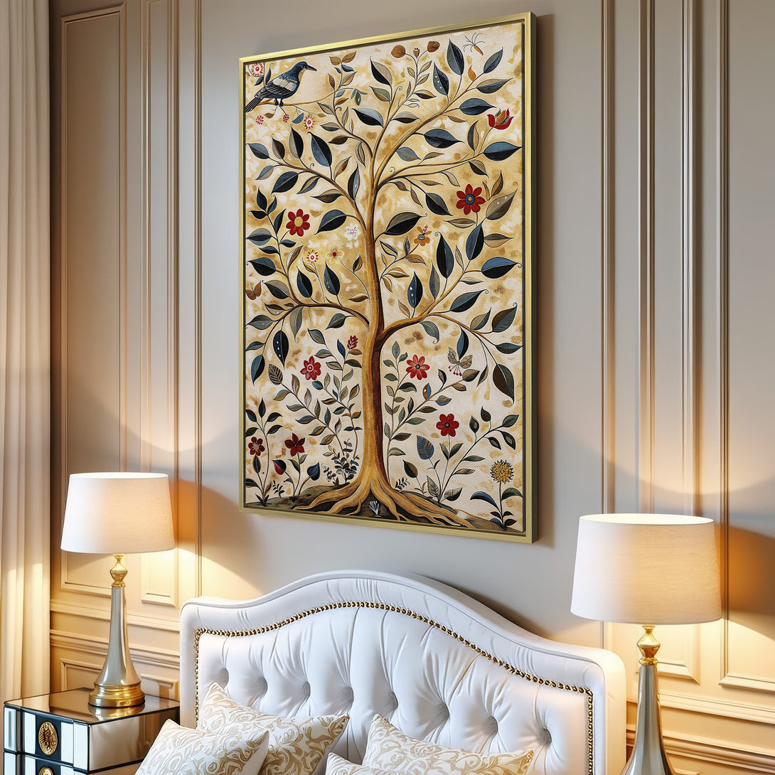 Canvas Print of a stylized tree with red flowers and bird, displayed in a modern interior. Warm, earthy tones with pops of color.