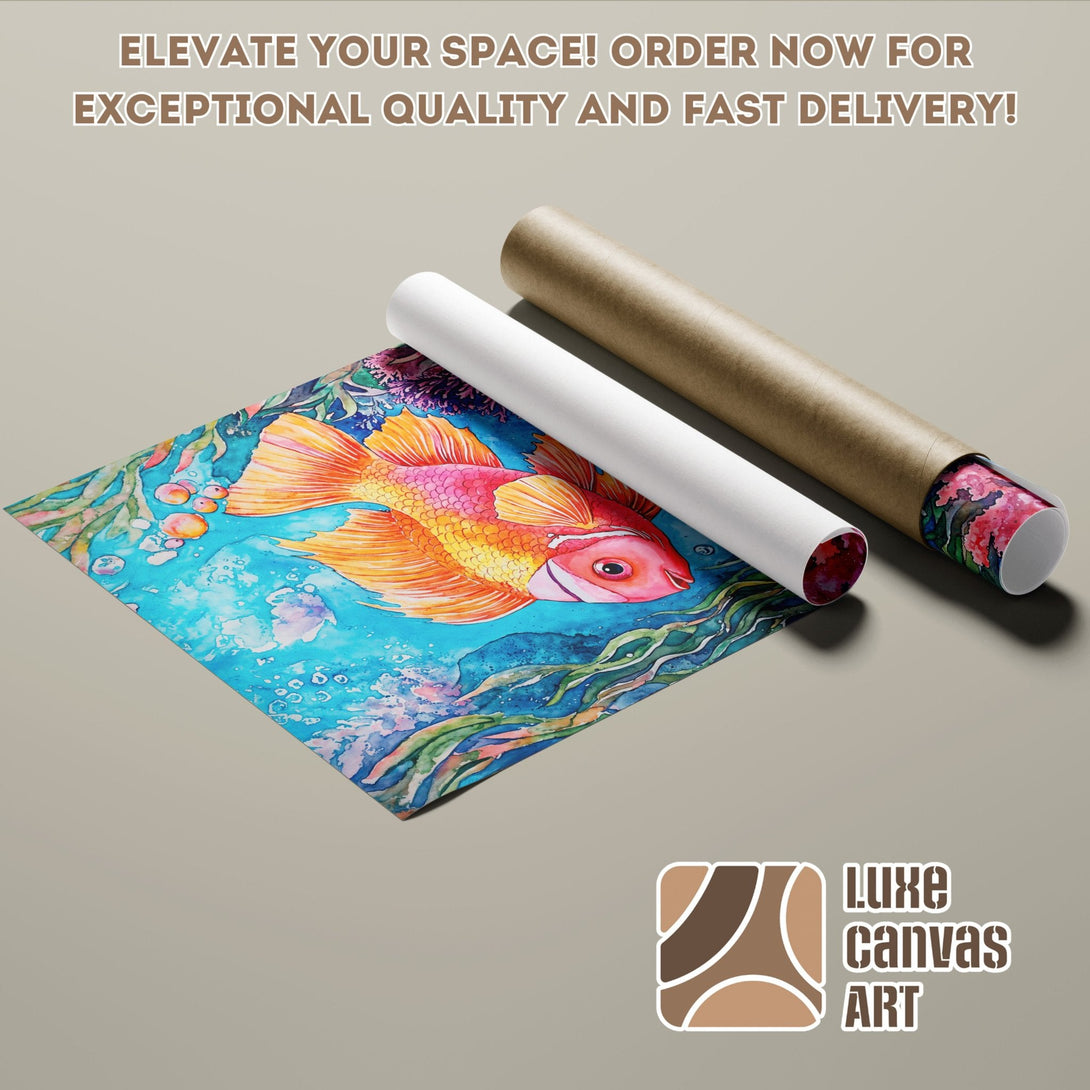 Poster Roll featuring a vibrant watercolor fish, blue, orange, and pink color palette.