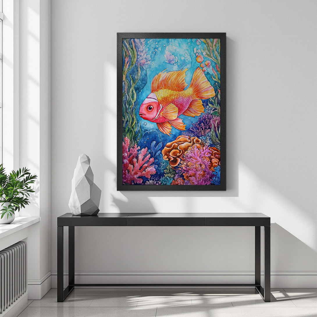 Framed Poster featuring a vibrant watercolor fish in an underwater scene. Bright blues, oranges, and pinks create a stunning art piece.