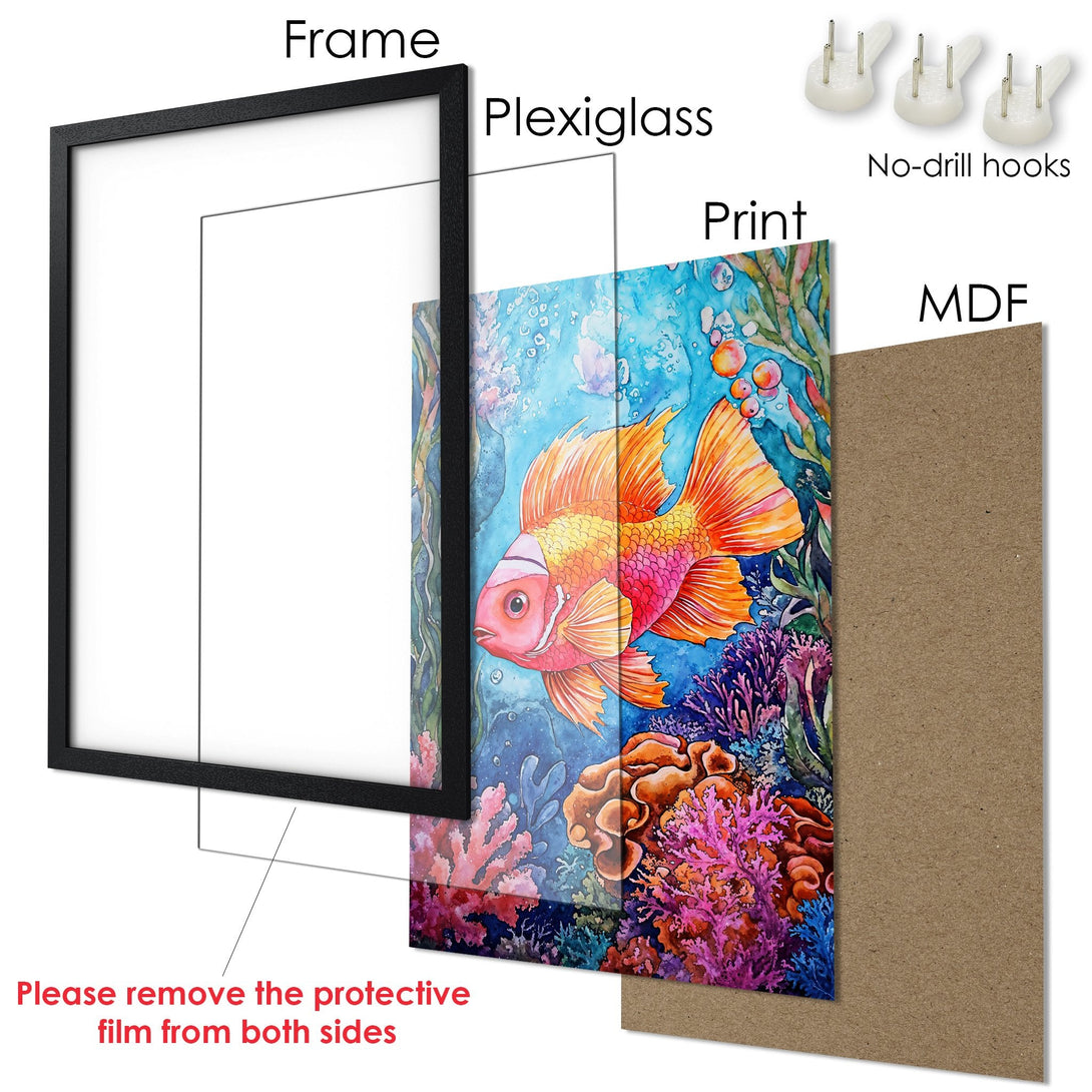 Framed Poster featuring a colorful watercolor fish in an underwater scene. Vibrant blues, oranges, and pinks create a captivating art piece.