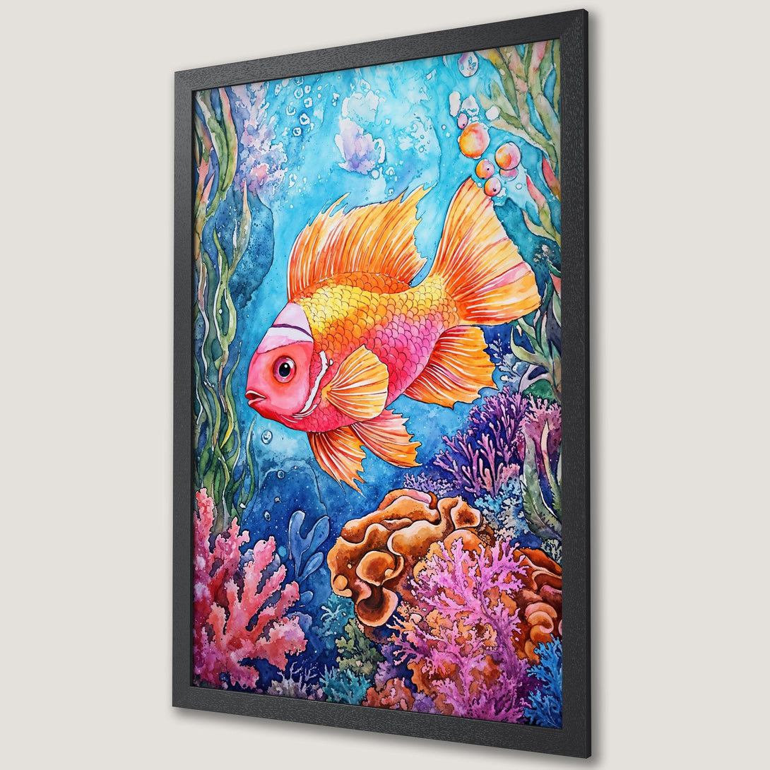 Framed Poster featuring a vibrant watercolor painting of a goldfish in an underwater scene with coral and seaweed. Colorful blue, orange, and pink palette.