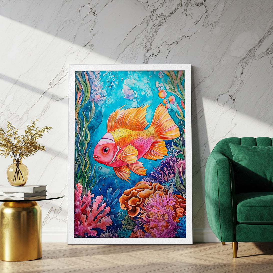 Framed Poster featuring a vibrant watercolor fish in an underwater scene. Colorful artwork with blues, oranges, and pinks. Perfect wall decor!