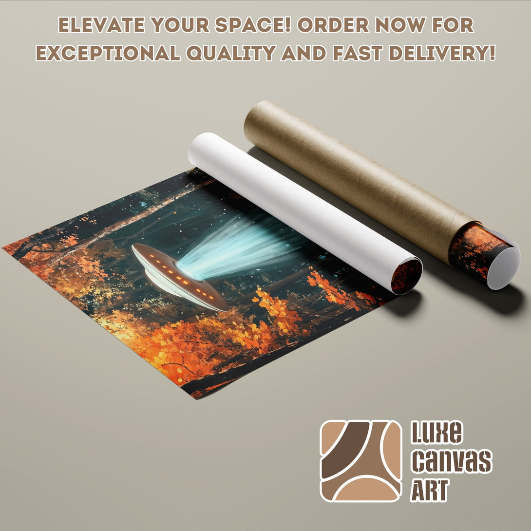 Poster Roll featuring a UFO scene in warm autumn colors. Elevate your space with our art!