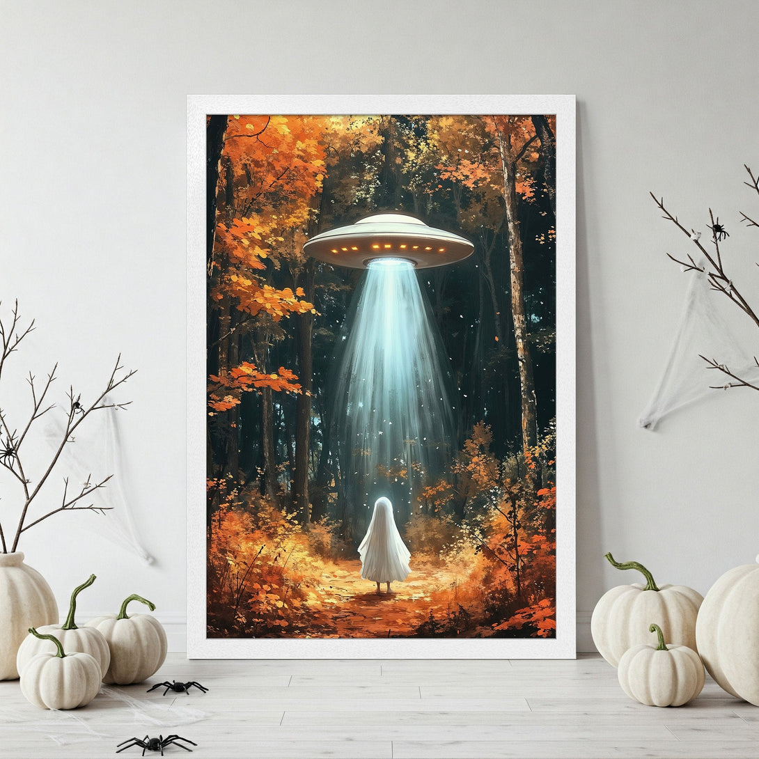 Framed Poster: Spooky forest scene with a ghost and UFO, autumn colors. Perfect Halloween decor!