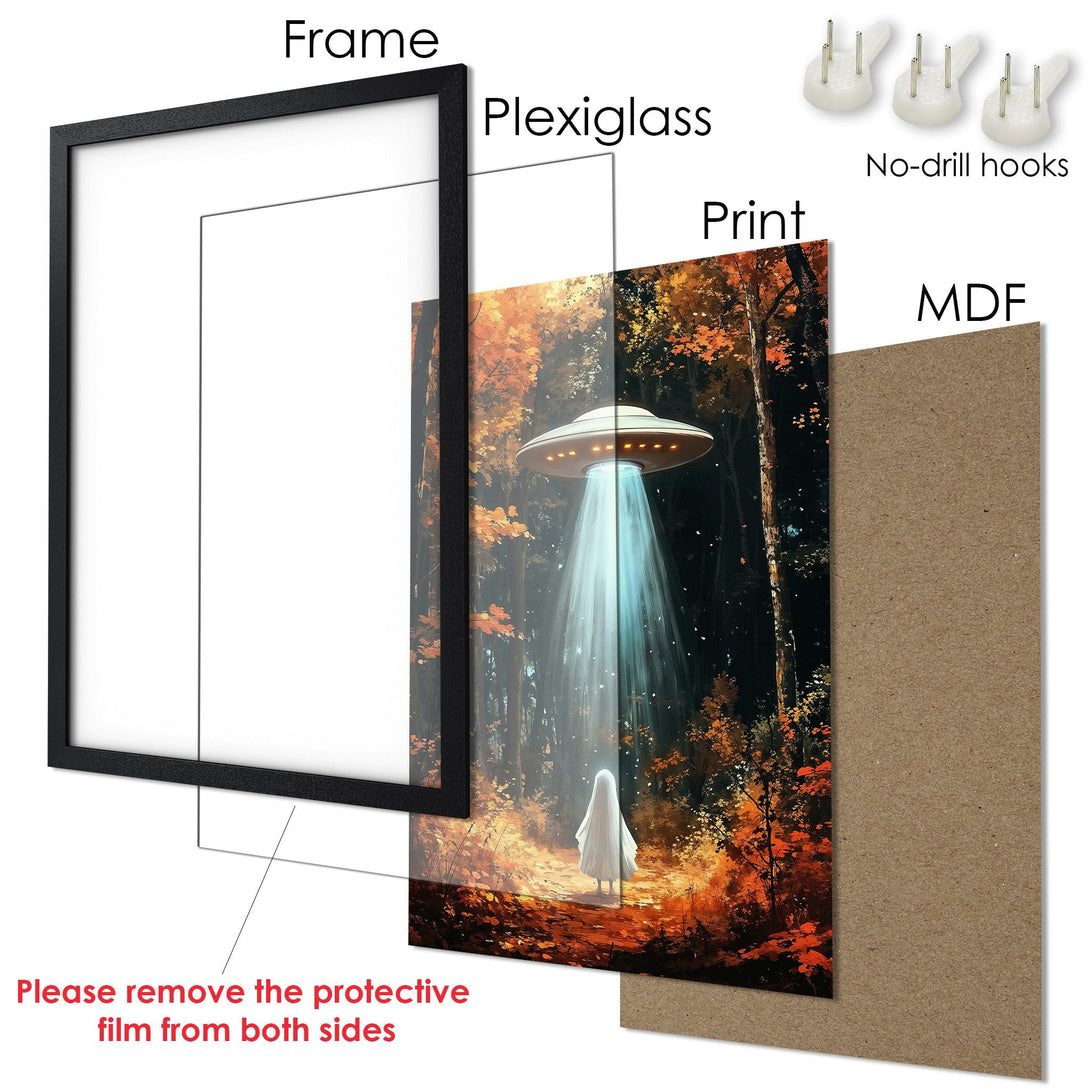 Framed Poster featuring a mystical forest scene with a UFO and a figure, warm autumnal colors. Perfect wall art!