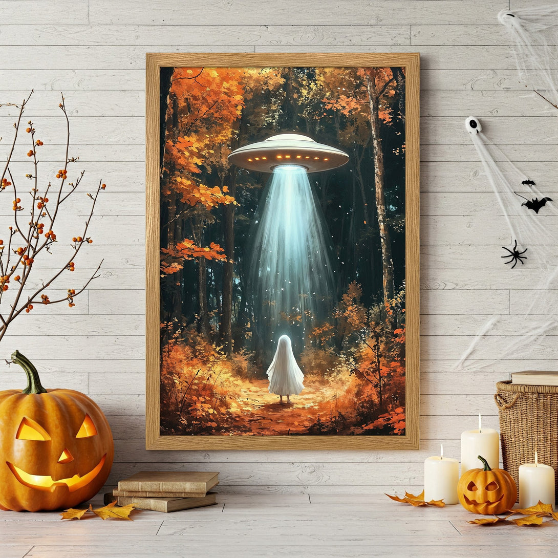 Framed Poster of a ghost & UFO in autumn forest. Digital art with orange, brown & blue tones. Perfect Halloween decor!