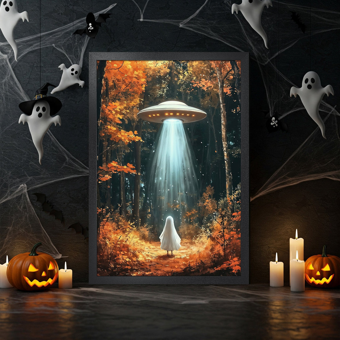 Framed Poster: Spooky forest scene with UFO & ghost, autumn colors. Perfect Halloween decor! Get yours today!