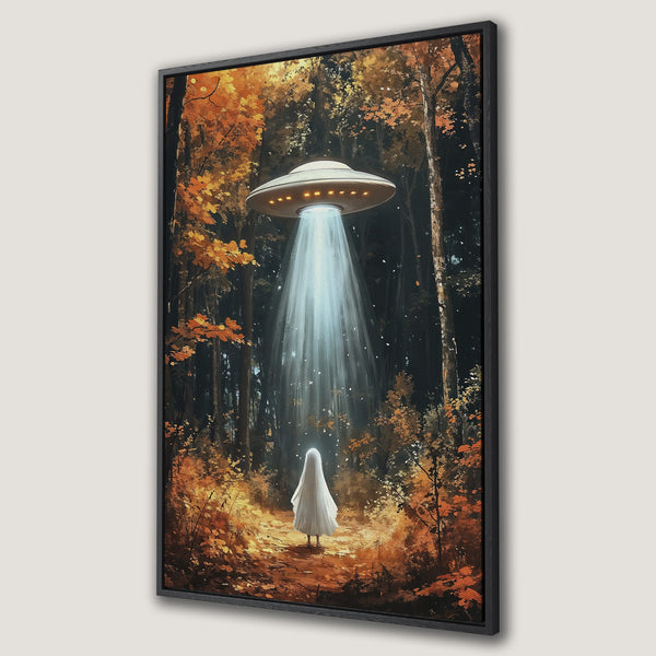 Framed Wall Art: Surreal forest scene with a UFO and figure, warm autumn color palette. Unique canvas print for your home decor.