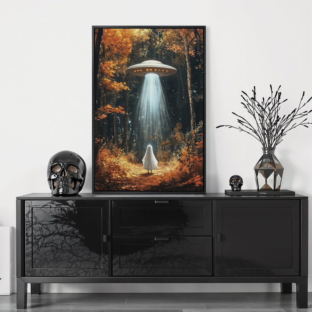 Framed Wall Art: Surreal forest scene with UFO and ghost, autumn color palette. Perfect for adding a touch of mystery to your home decor.