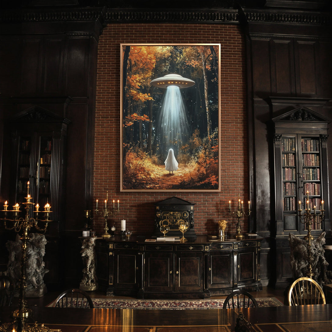Framed Wall Art: Eerie forest scene with a UFO and a ghost, warm autumn colors. Perfect for adding a unique touch to your home decor.