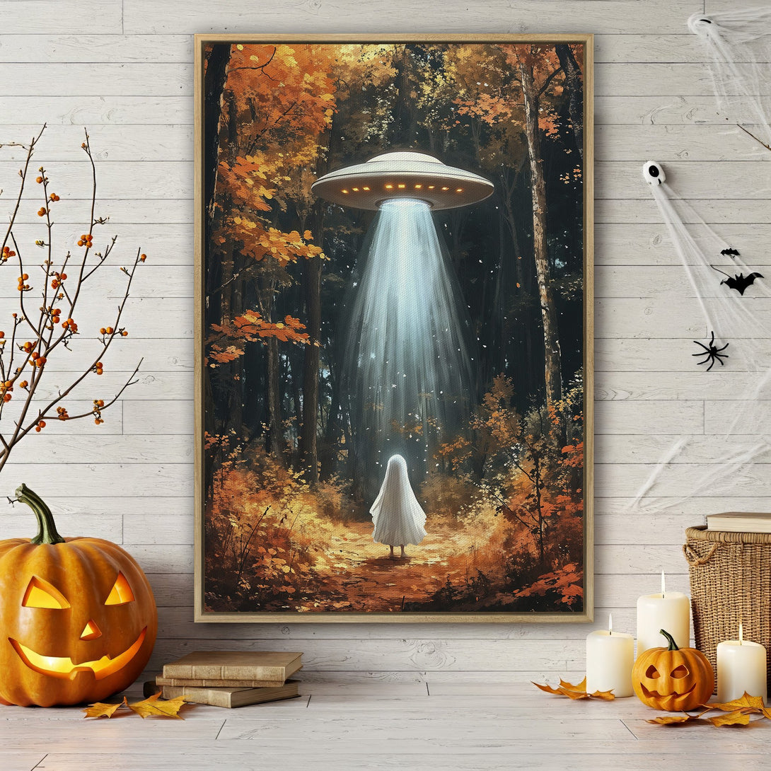 Framed Wall Art: Spooky forest scene with a ghost, UFO, and autumn colors. Perfect Halloween decor! Enhance your space with this unique canvas print.