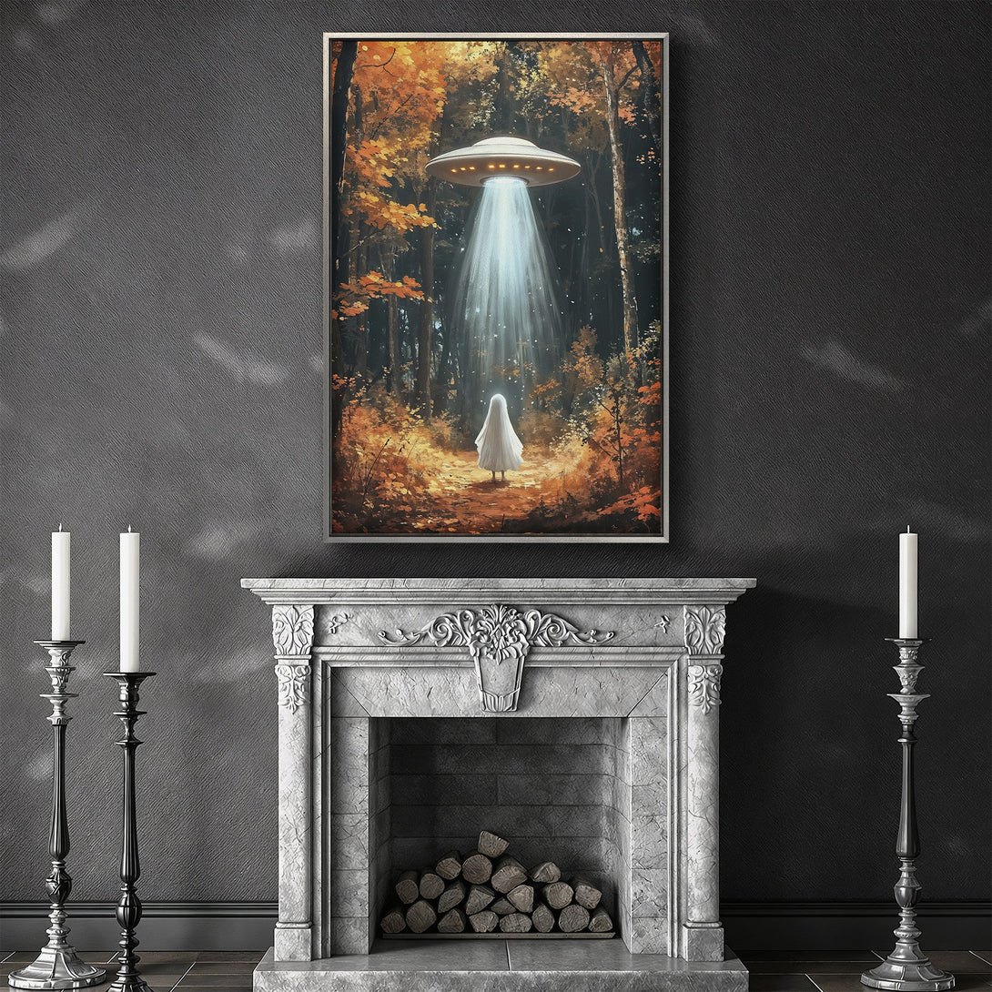 Framed Wall Art: Surreal forest scene with UFO, a figure in white, and warm autumn colors. Perfect for adding a touch of mystery to your space.