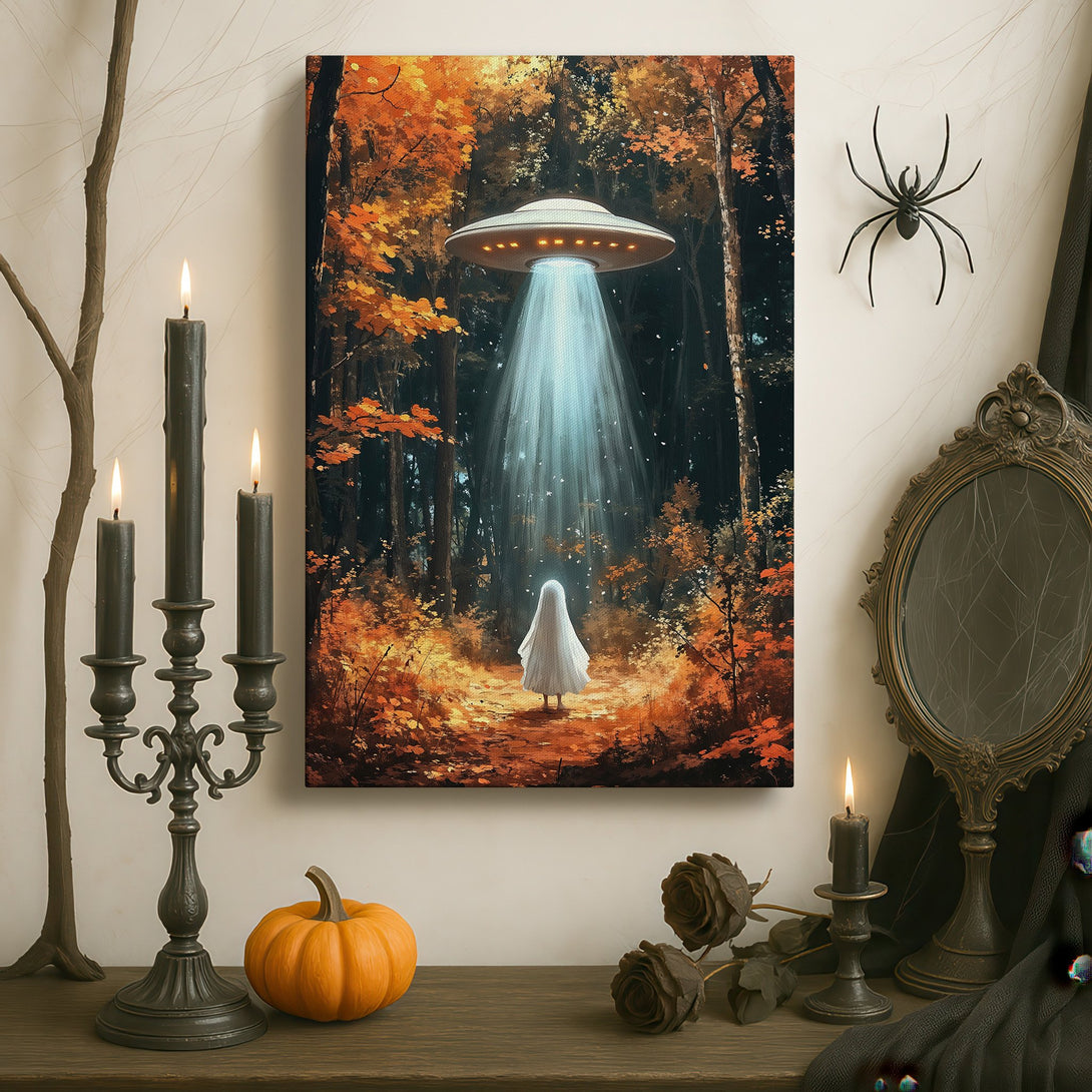 Framed Wall Art: Surreal forest scene with UFO, warm autumn colors. Perfect for adding a touch of mystery and intrigue to any space. Shop now!