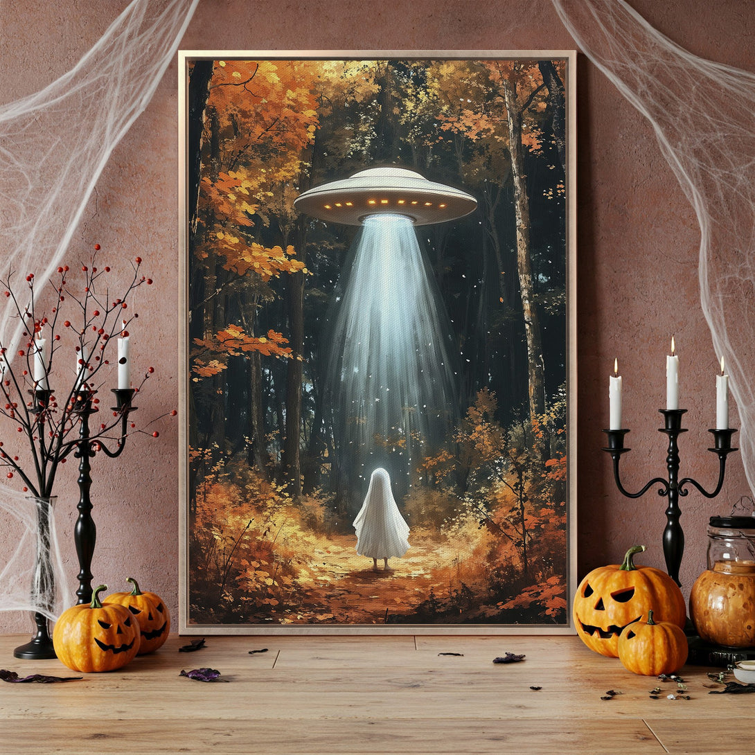 Framed Wall Art: Spooky forest scene with a ghost and UFO, rendered in warm autumn tones. Perfect Halloween decor! Add a touch of mystery to your home.