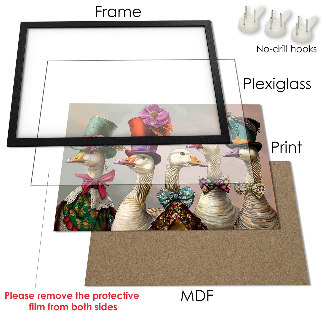 Framed Poster featuring whimsical geese in hats and bowties, with a soft color palette. Perfect wall art for any room!