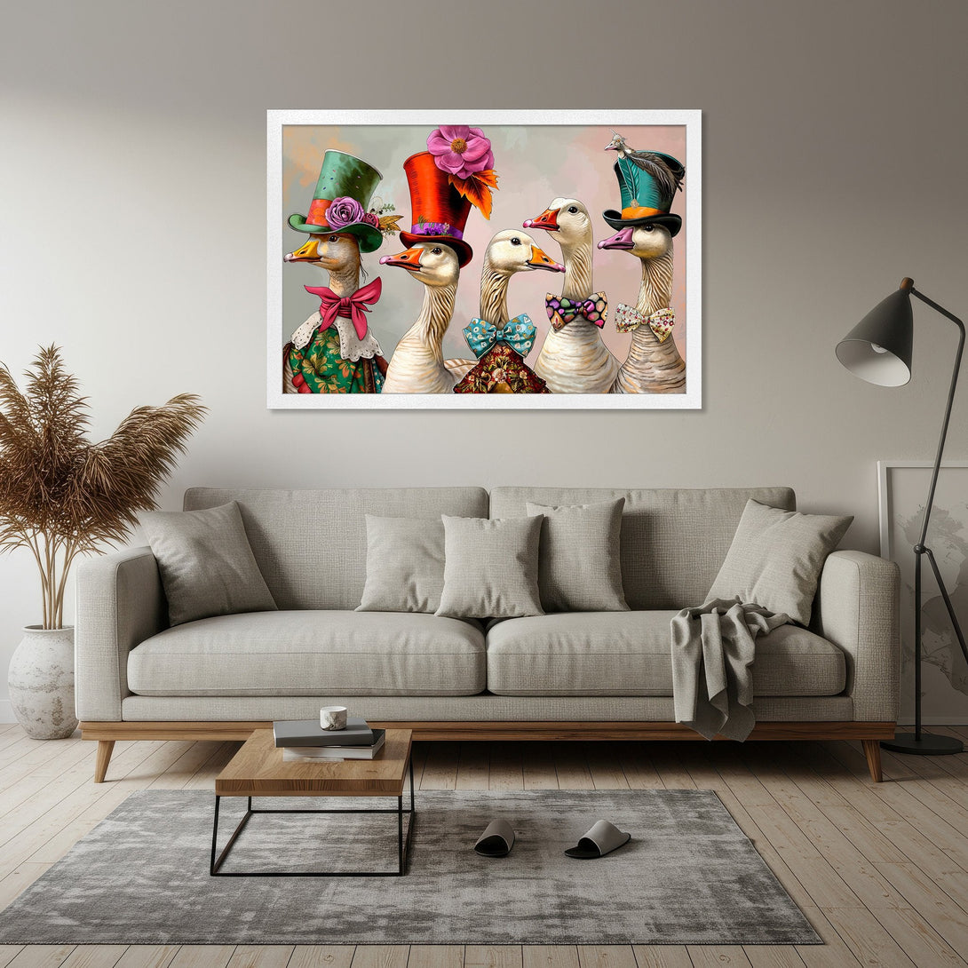 Framed Poster featuring whimsical geese in hats and bowties, vibrant colors on a neutral background. Perfect wall art for a playful touch.