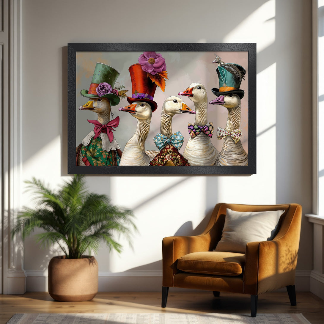 Framed Poster featuring whimsical geese in top hats, vibrant colors, and a playful style. Perfect wall art!