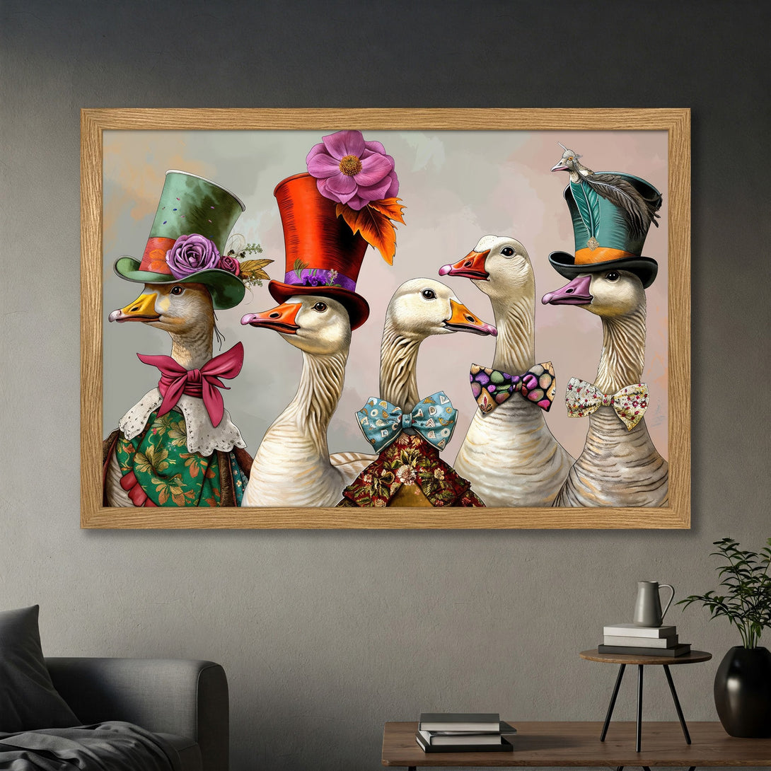 Framed Poster featuring whimsical geese in top hats and bow ties, with a vibrant color palette. Perfect wall art!
