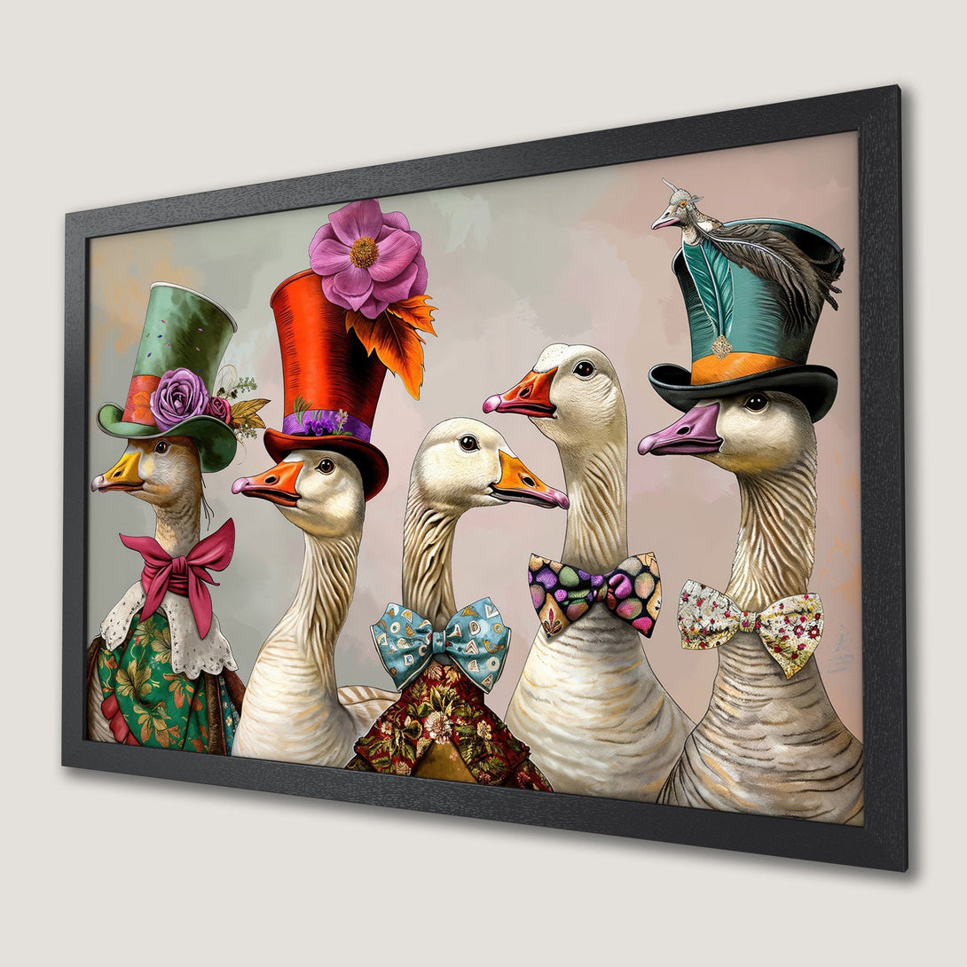Framed Poster featuring whimsical geese in hats & bow ties. Artistic style with a muted color palette, perfect wall art.