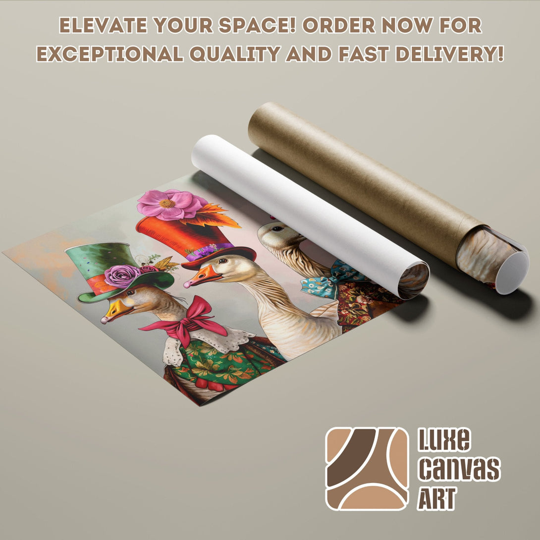 Whimsical goose art poster roll. Charming illustration with a warm, colorful palette. Order your unique poster today!