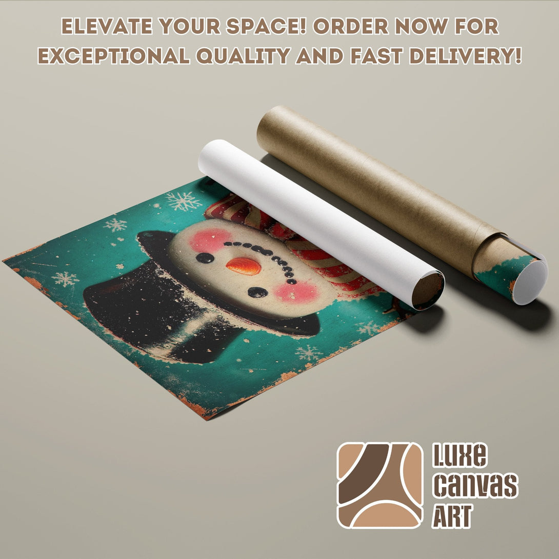 Vintage snowman poster roll with teal, red, and brown color palette. Elevate your space with this unique Poster!