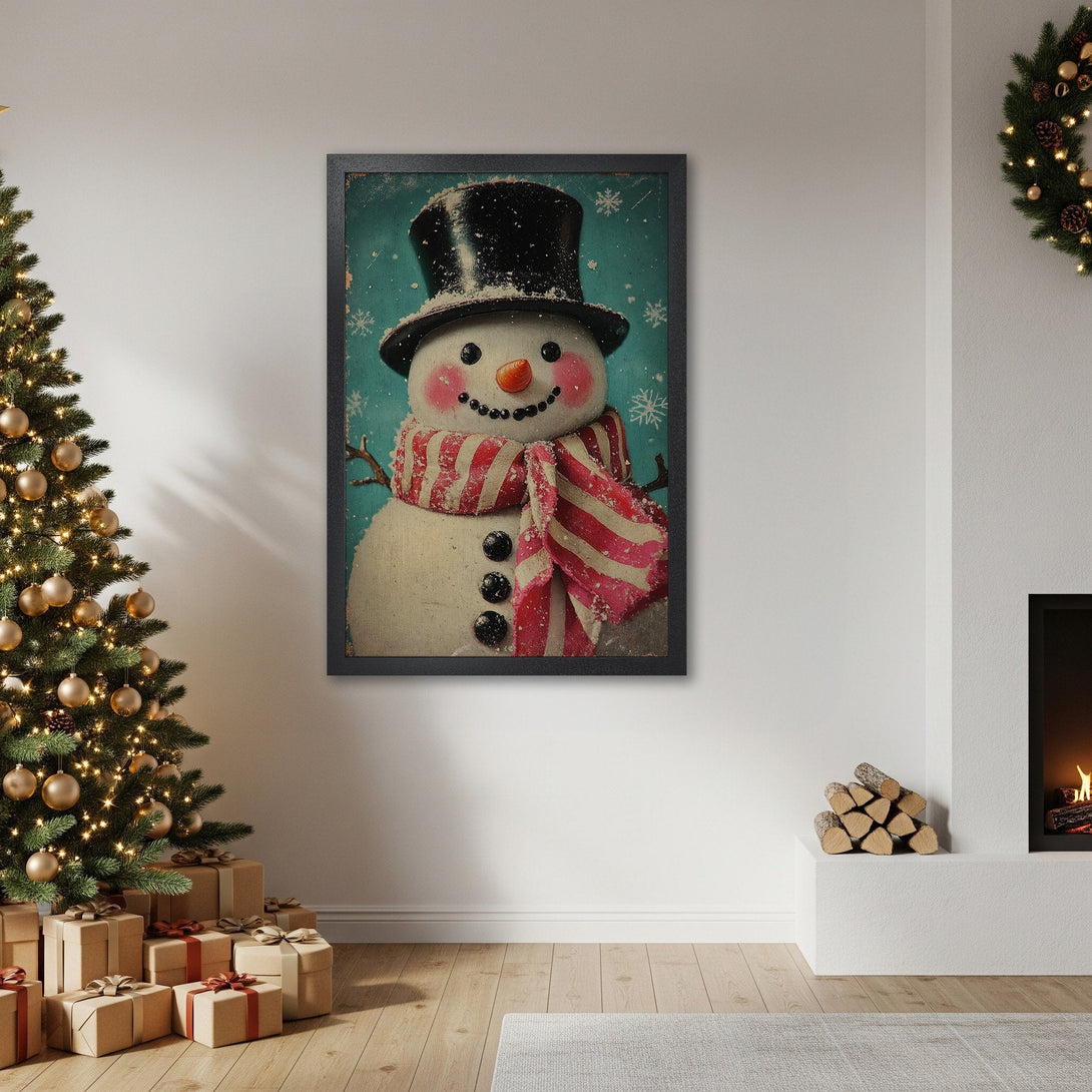 Framed Poster featuring a vintage snowman illustration, perfect for Christmas decor. Rustic style with a teal and red color palette.