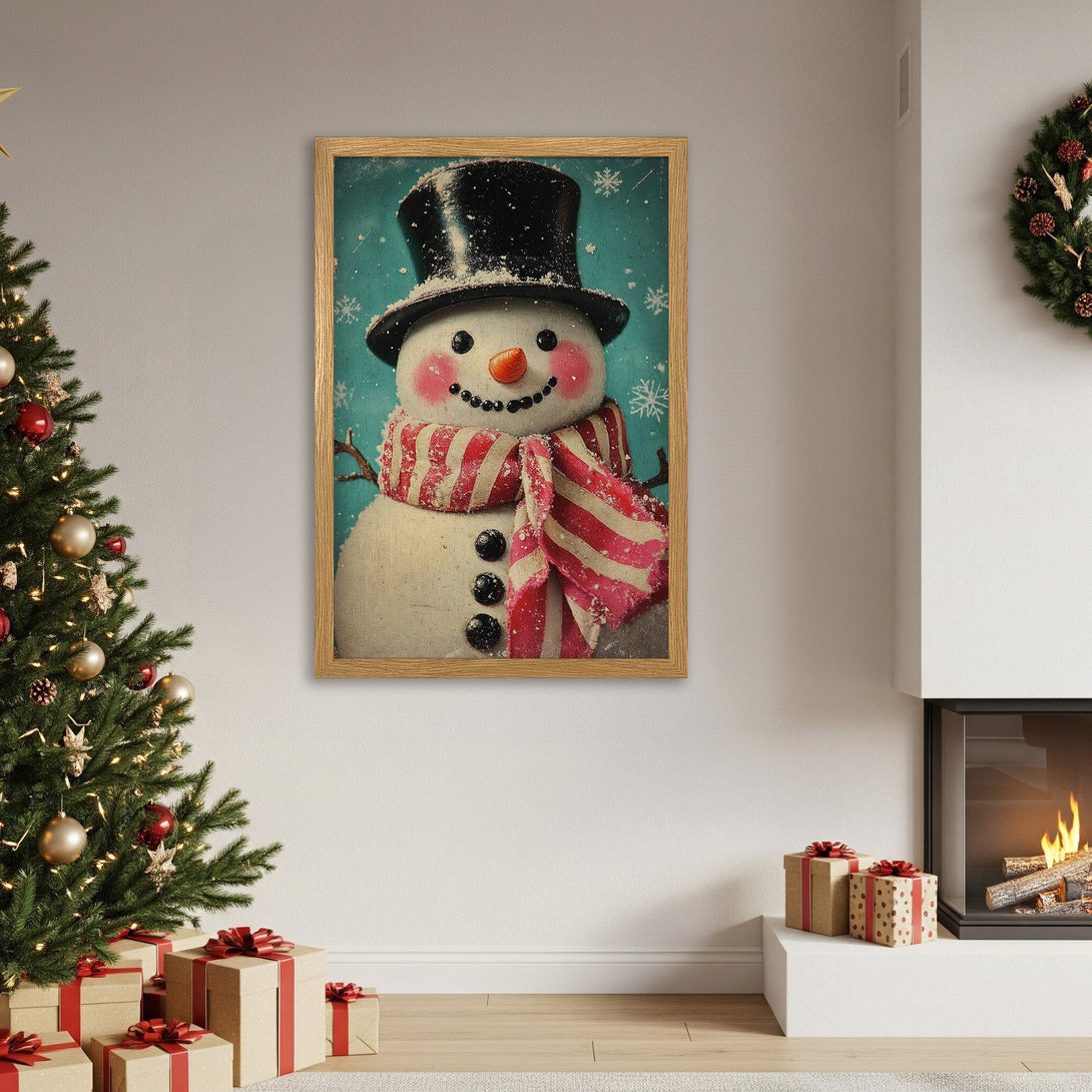 Framed Poster of a whimsical snowman with a red and white scarf, perfect for Christmas decor. Vintage style, blue and red palette.