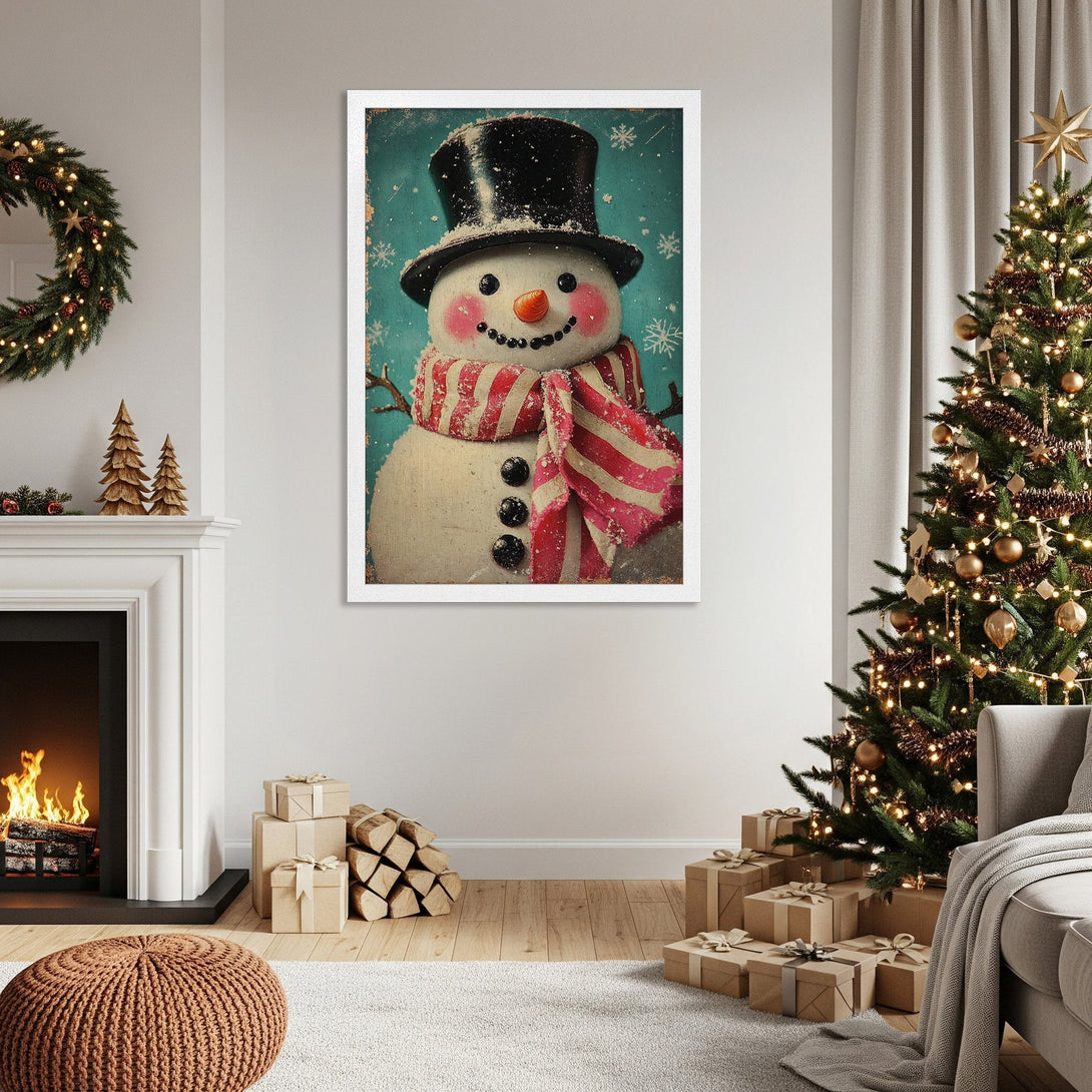 Framed Poster featuring a vintage snowman illustration. Festive, cozy style with teal, red, and white color palette. Perfect Christmas decor!