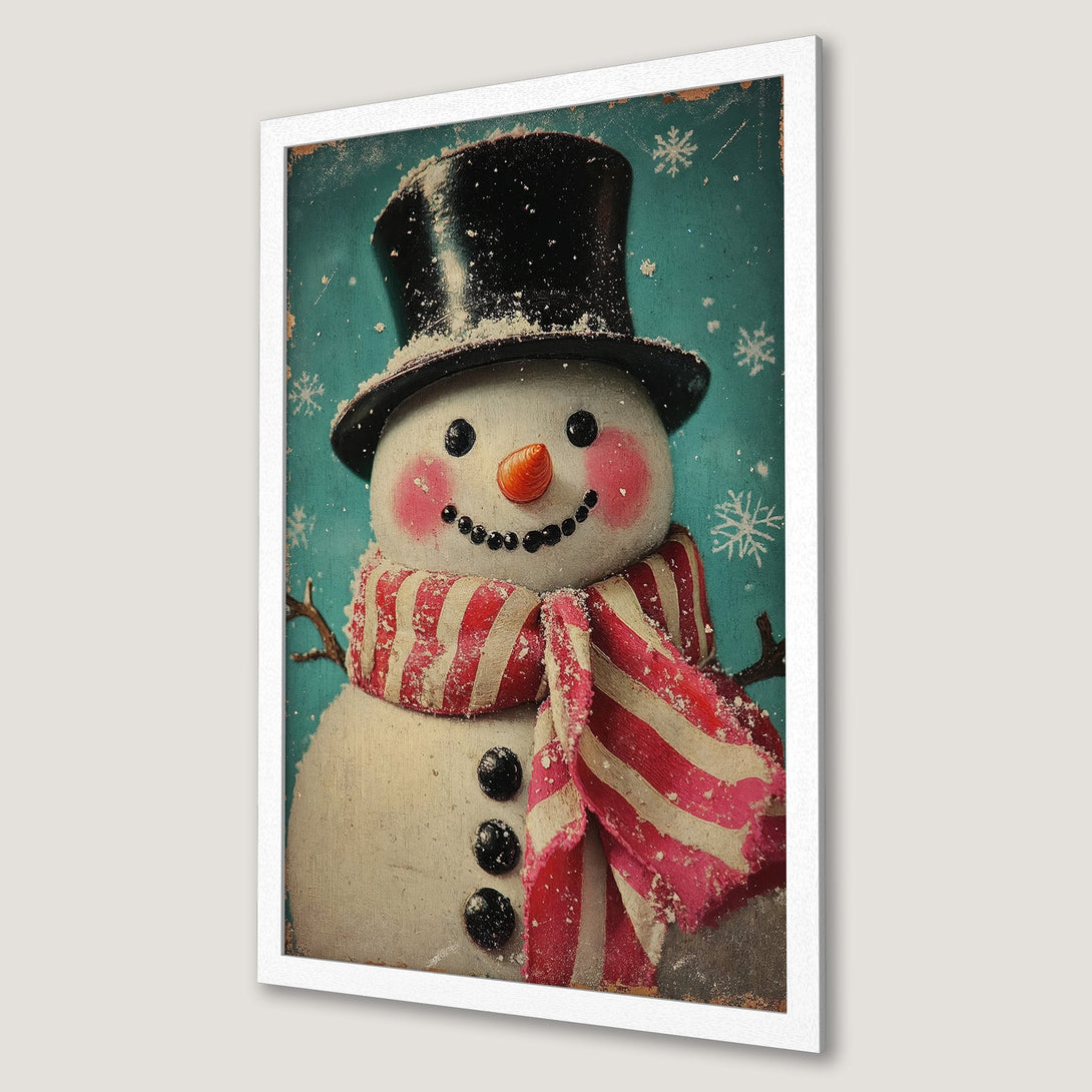 Framed Poster featuring a vintage-style snowman with a top hat and scarf, in a teal, red, and white color palette. Perfect holiday decor!