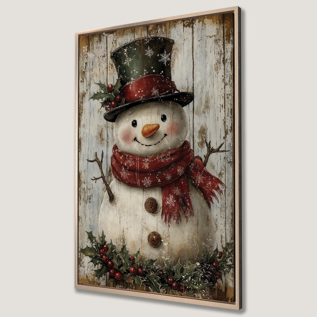 Framed Wall Art: Charming snowman print with rustic style, featuring a red scarf and hat. Perfect for holiday decor, with a warm, inviting color palette.