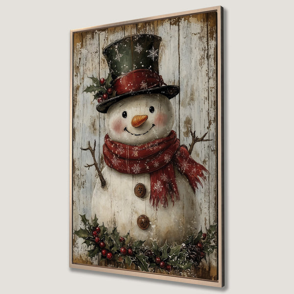 Framed Wall Art: Charming snowman print with rustic style, featuring a red scarf and hat. Perfect for holiday decor, with a warm, inviting color palette.