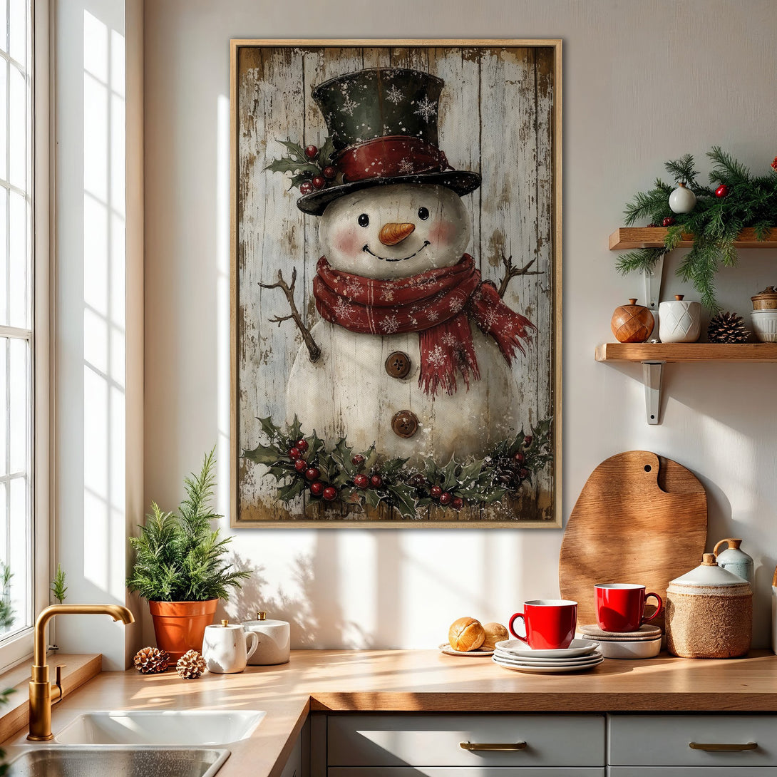 Framed Wall Art: Rustic snowman canvas print with a charming, vintage style. Features a warm red and green color palette, perfect for holiday decor.