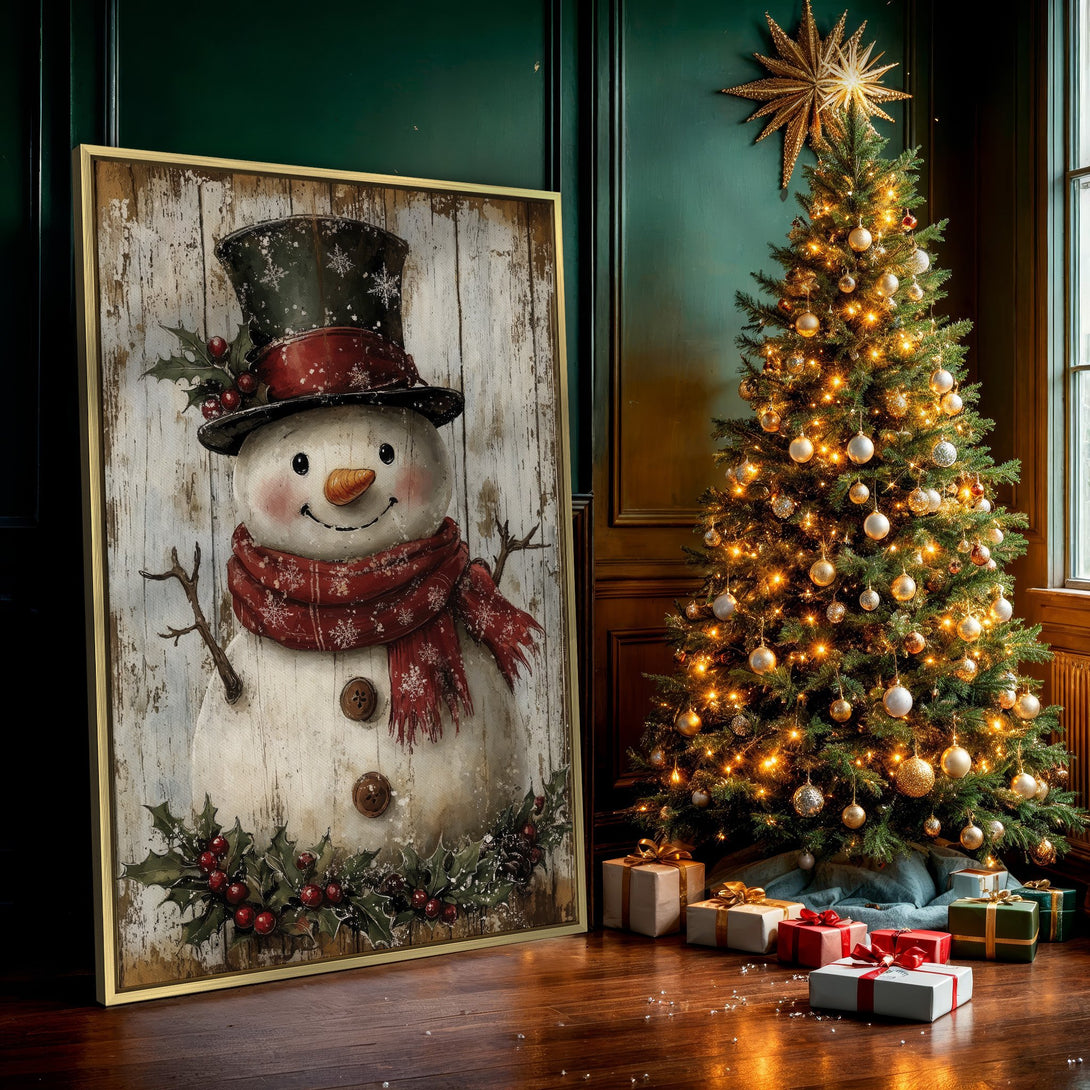 Canvas Print featuring a charming snowman in rustic style, with red and green accents, perfect for Christmas decor.