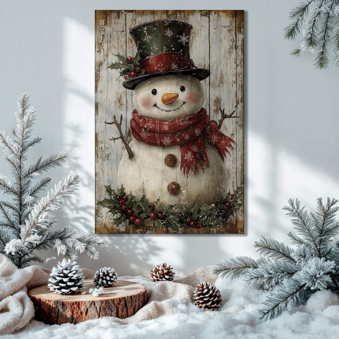 Framed Wall Art: Festive snowman canvas print with rustic charm, red & green accents. Perfect Christmas decor for a cozy, inviting home.