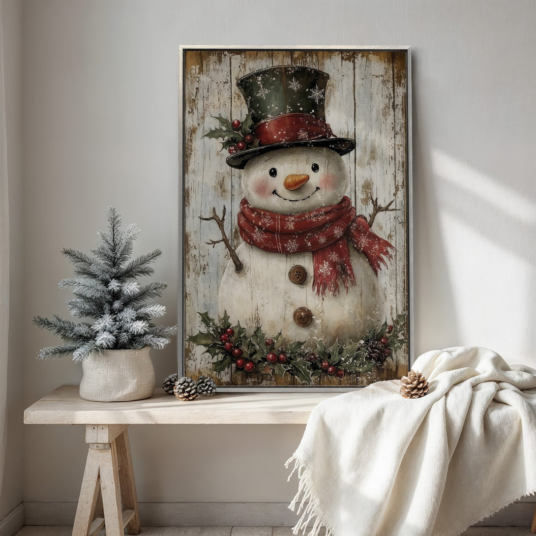 Framed Wall Art: Rustic snowman print with a vintage style. Features a warm, inviting color palette of reds, greens, and whites, perfect for holiday decor.