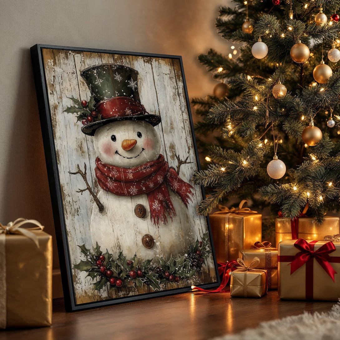 Framed Wall Art featuring a charming snowman in a rustic style, with a warm red and white color palette, perfect for holiday decor.