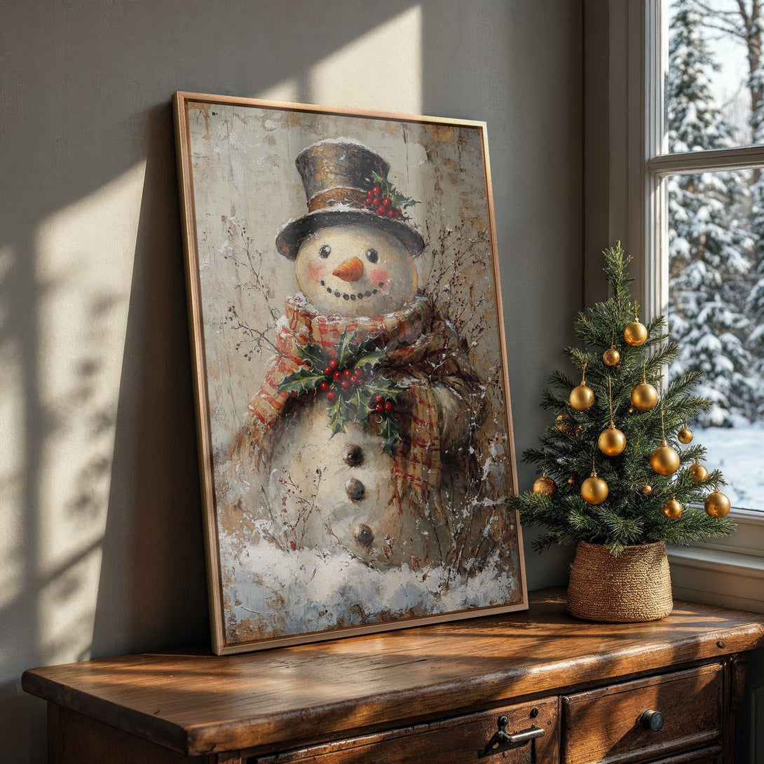 Framed Wall Art: Rustic snowman painting in a warm, neutral color palette. Perfect for winter decor and cozy home accents. Shop now!