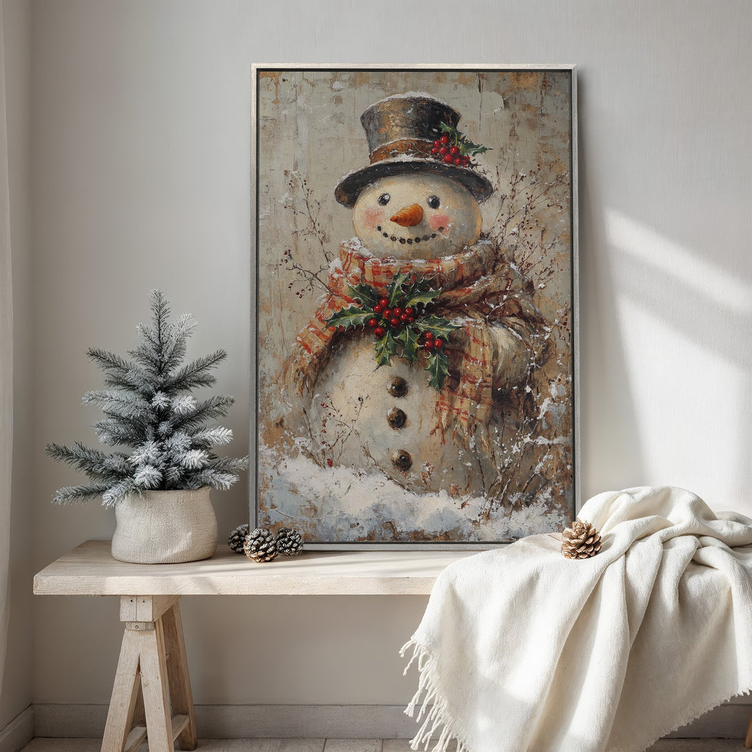 Framed Wall Art: Rustic snowman painting with a vintage style. Warm neutral tones and red accents create a cozy winter scene. Perfect holiday decor!