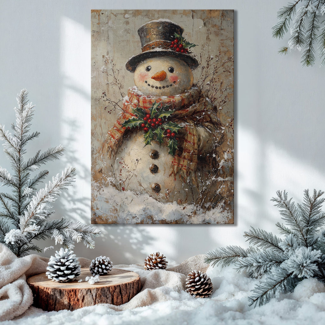 Framed Wall Art: Rustic snowman painting with a warm, festive color palette. Perfect holiday decor for a cozy Christmas vibe.