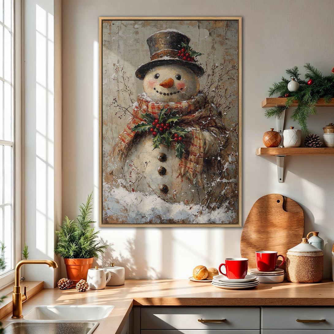Framed Wall Art featuring a charming snowman in a rustic style with a warm, neutral color palette. Perfect for adding cozy winter vibes to your home!