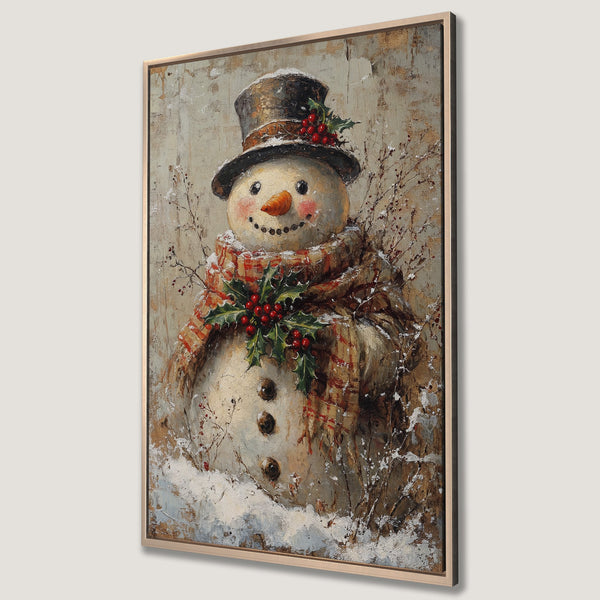 Framed Wall Art featuring a charming snowman in a rustic, painterly style. Earthy tones with pops of red create a cozy, festive holiday vibe.