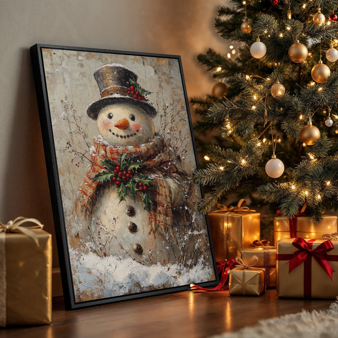 Framed Wall Art: Charming snowman painting in a rustic style, featuring a warm, neutral color palette. Perfect holiday decor!