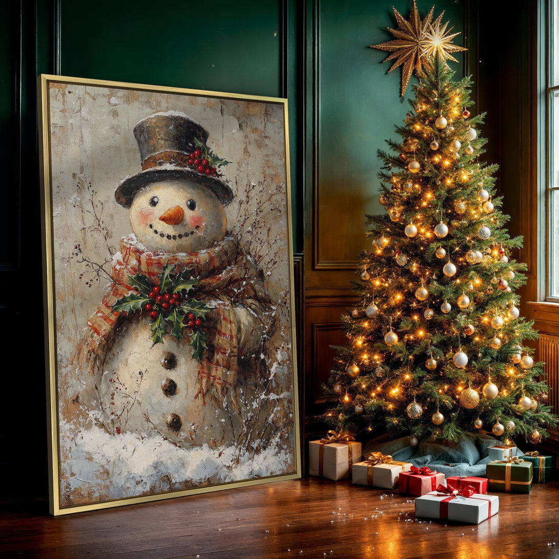 Canvas Print of a charming snowman painting in a vintage style, featuring a warm, neutral color palette. Perfect for holiday decor!